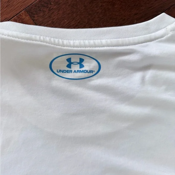 Under Armour White Short Sleeve Tee with Blue Logo - "I FISH" - Picture 5 of 5
